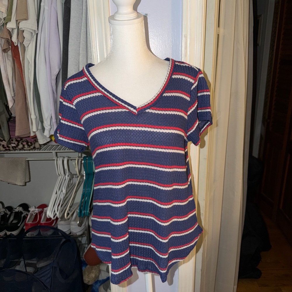 Alya Navy and Red Striped V-Neck Tee